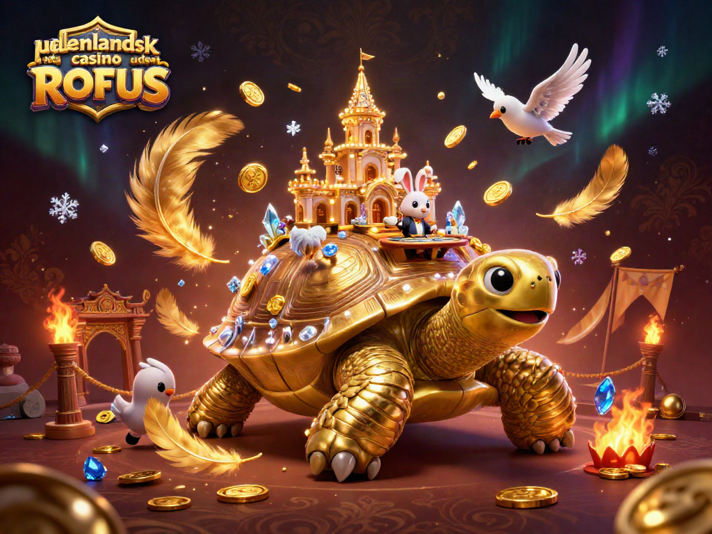 Engage with udenlandsk casino uden ROFUS in a captivating 3D scene showcasing a golden tortoise casino with immersive details.
