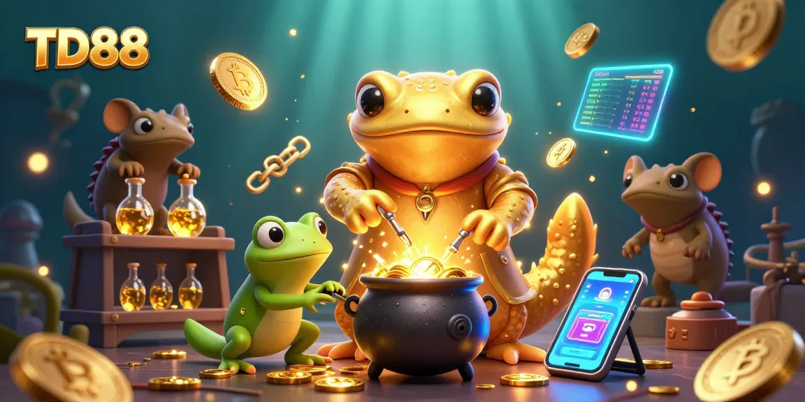 Experience the excitement of TD88 with a golden salamander alchemist in an enchanting scene filled with crypto coins and vibrant alchemical elements.