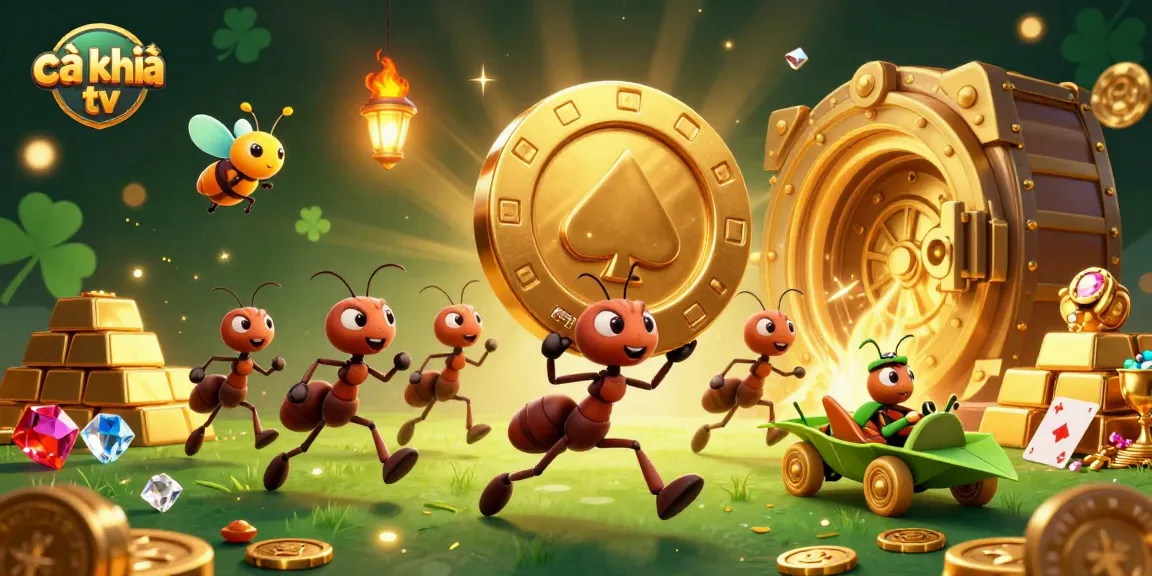 Cà khịa tv showcases a vibrant heist scene with ants, cards, and golden treasures glowing vividly.