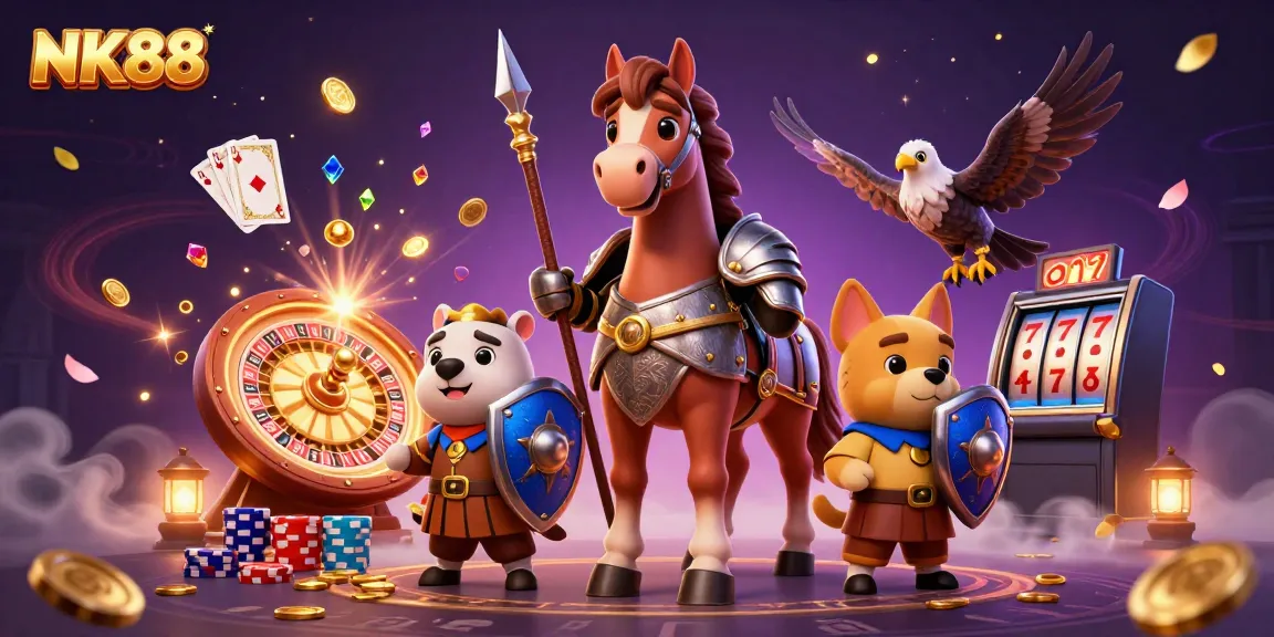 Experience the vibrant gaming energy of NK88 with a 3D knight, horse, and treasures