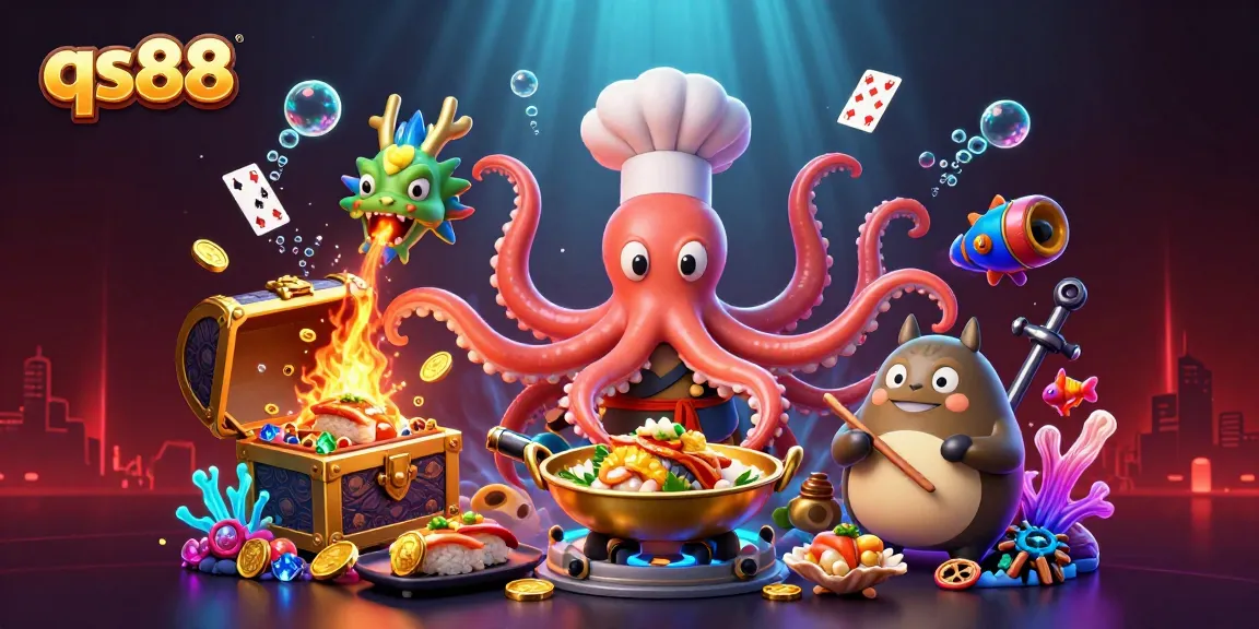 Experience excitement at qs88 with a vibrant underwater casino scene featuring an octopus chef and dragon.