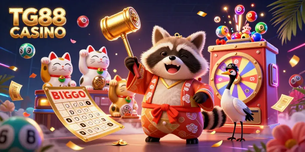 Experience the excitement of TG88 CASINO with a vibrant illustration featuring luck, fortune cats, and dynamic game elements.