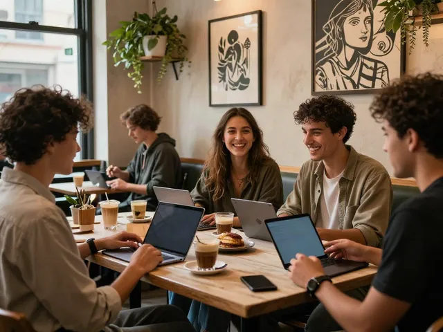Group enjoying rokok88 moments at a trendy café with drinks and laughter.