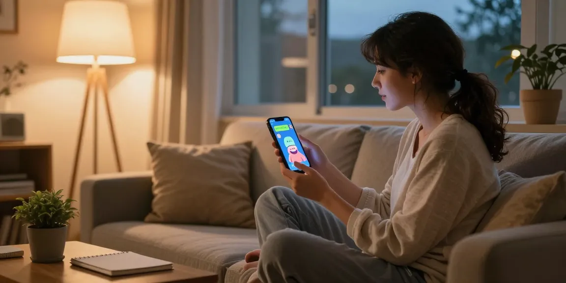 Engaging interaction with a girlfriend AI on smartphone in cozy home setting.