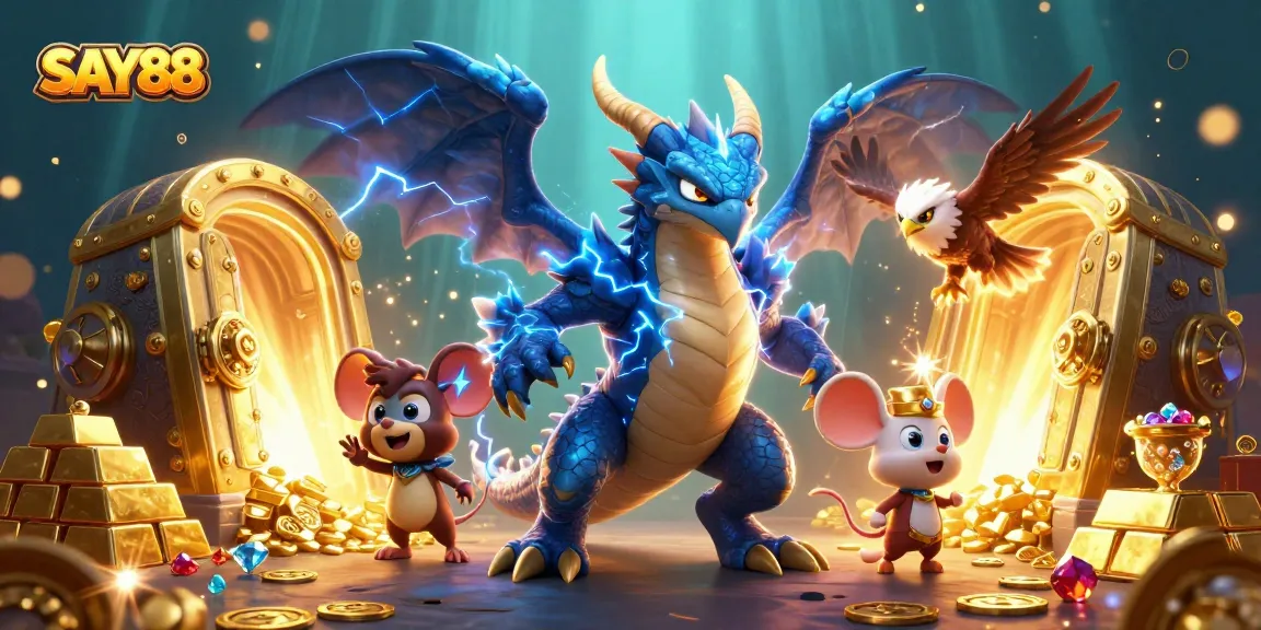 SAY88 features a dynamic illustration with a thunder dragon and glowing hawk amidst treasure, capturing the excitement of online gambling.
