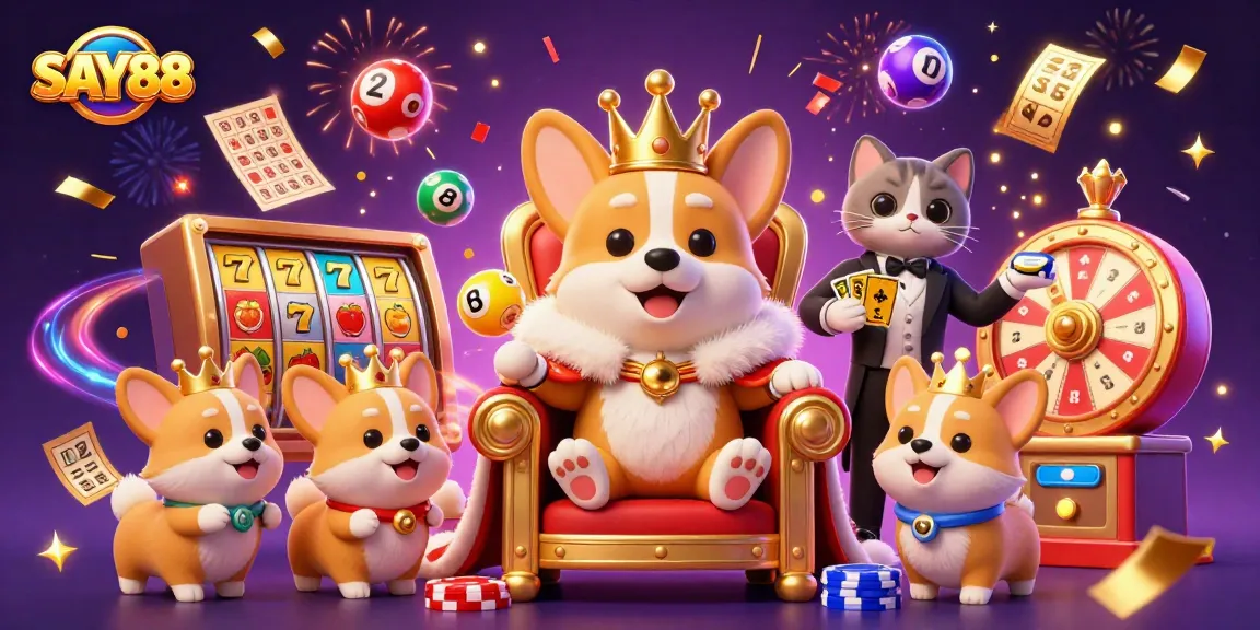SAY88 captivates with luxurious casino elements including slots and colorful lottery balls amidst a festive atmosphere.