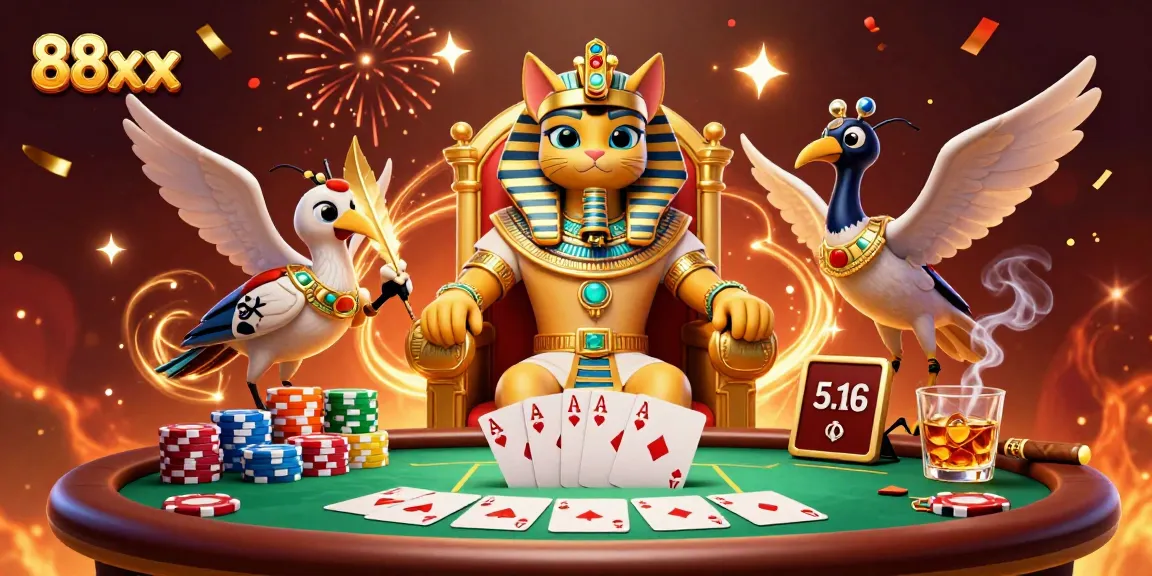 Experience thrilling action at 88xx casino with lively characters, poker elements, and vibrant atmosphere.