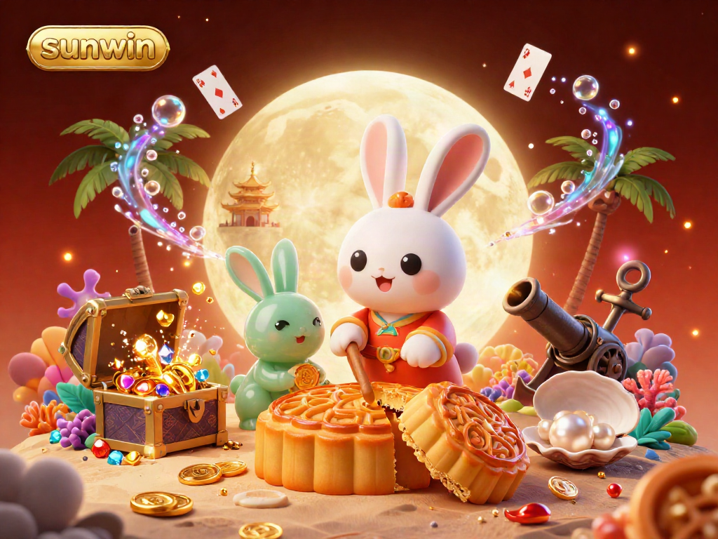 Experience gaming adventures with sunwin in a dynamic illustration of a moon rabbit crafting golden mooncakes revealing poker chips.