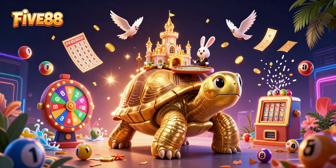 Experience the excitement of FIVE88 with a vibrant 3D casino scene featuring a tortoise palace and dynamic game elements.