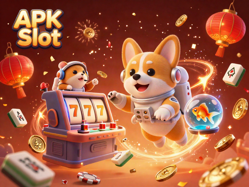 Engage with APK Slot's vibrant 3D casino scene featuring an astronaut corgi amidst floating slot reels and golden confetti.