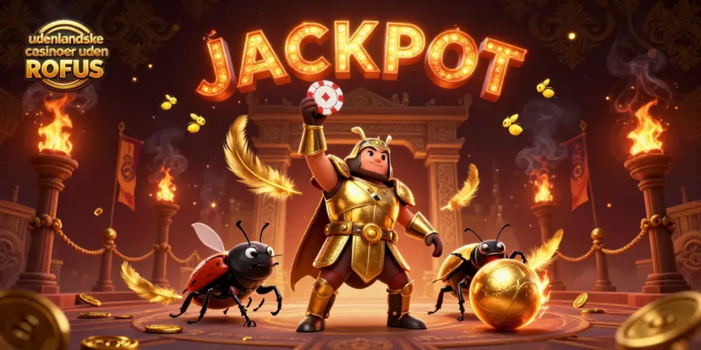 Experience udenlandske casinoer uden ROFUS with a beetle warrior winning at a vibrant gambling arena.