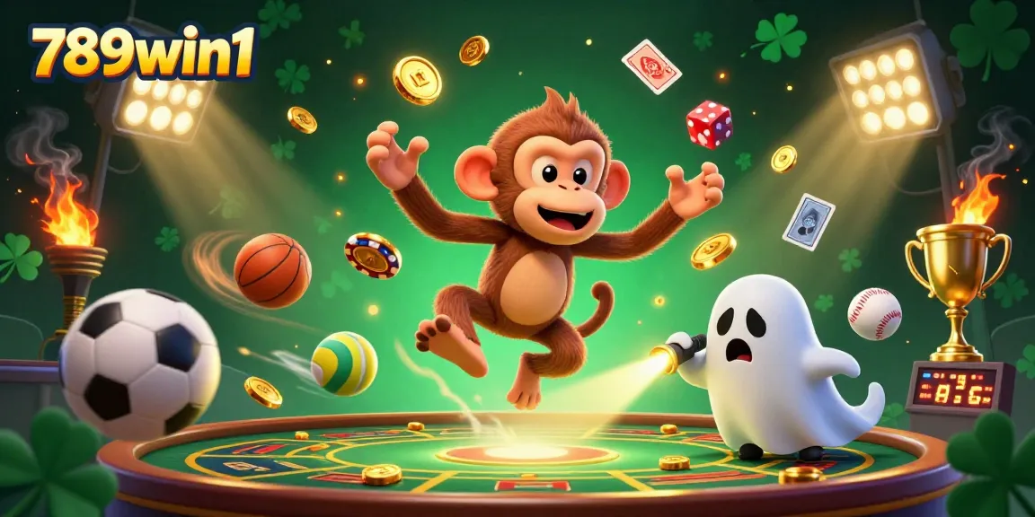 Engage with thrilling gaming at 789win1, featuring a playful poltergeist monkey and ghost-hunter puppy in a dynamic scene.