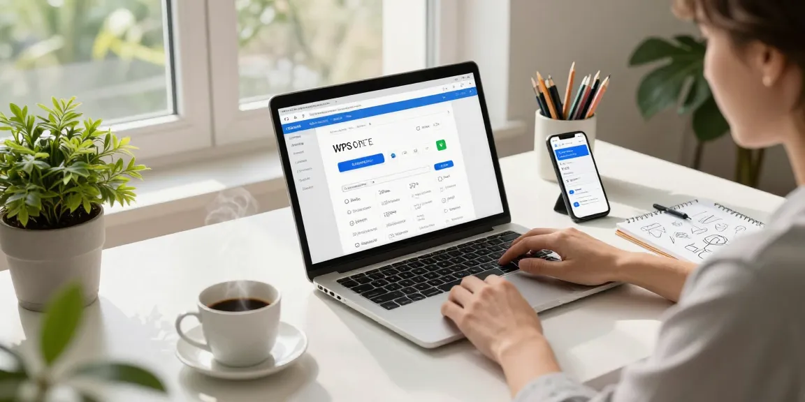 Download WPS Office on a modern laptop in a home office with creative tools and plants, fostering a productive atmosphere.