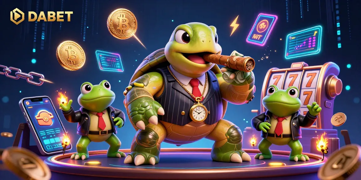 DABET showcases a dynamic casino scene with a snapping turtle and frog enforcers amid slot elements and cryptocurrencies.