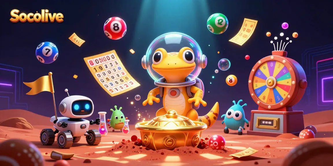 Socolive offers a vibrant scene of a Martian gecko discovering a buried casino surrounded by lottery elements.