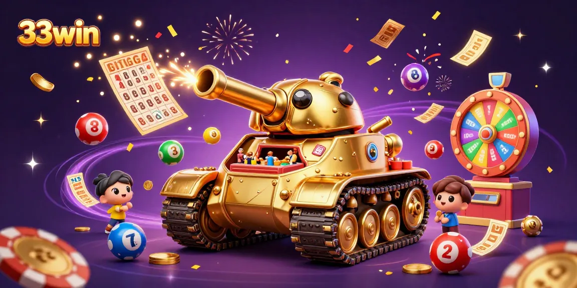 Bet on excitement with 33win's vibrant casino scene filled with lottery balls and confetti.